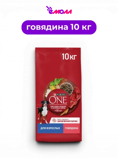 Purina ONE сухой корм для взрослых собак средних и крупных пород с говядиной и рисом для здоровья микрофлоры 10 кг