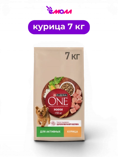 Purina ONE сухой корм для взрослых активных собак мелких и карликовых пород с высоким содержанием курицы и рисом 7 кг