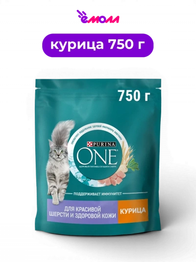 Purina ONE сухой корм для взрослых кошек всех пород для красивой шерсти и здоровой кожи с курицей и пребиотиком 750 г