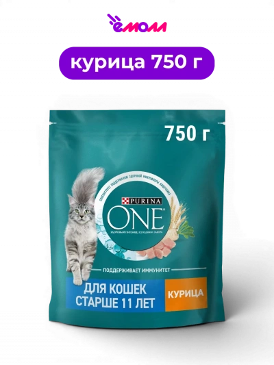 Purina ONE сухой полнорационный корм для пожилых кошек старше 11 лет с курицей и натуральным пребиотиком цикорием 750 г