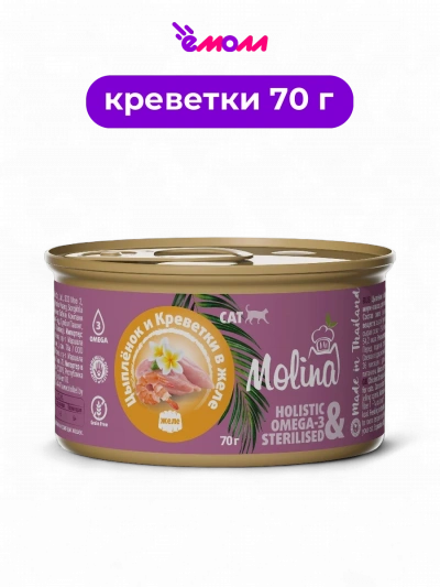 Molina консервы для котят и кошек цыпленок и креветки в желе 70 г