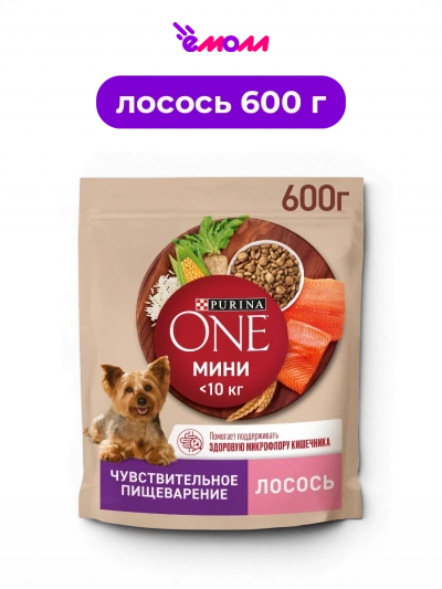 Purina ONE сухой корм для взрослых собак мелких и карликовых пород с лососем и рисом МИНИ Чувствительное пищеварение 600 г