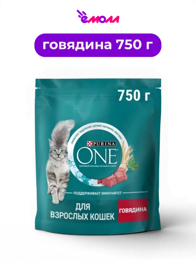 Purina ONE сухой полнорационный корм для взрослых кошек всех пород с говядиной и пшеницей с витаминами и пребиотиком 750 г