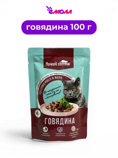 Ночной охотник влажный корм для взрослых кошек в желе Говядина 100 г