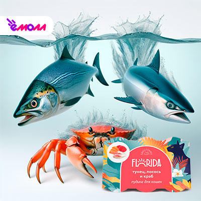 Florida лакомства пудинг для кошек с тунцом, лососем и крабом, 6 x 22 г