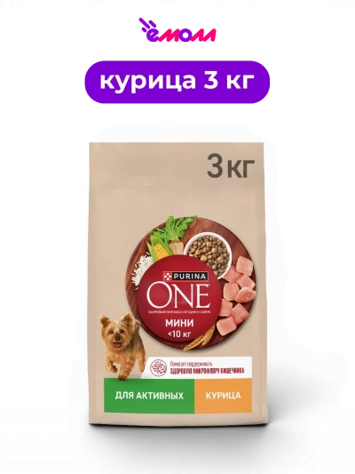 Purina ONE сухой корм для взрослых активных собак мелких и карликовых пород с курицей и рисом МИНИ 3 кг