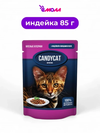 Candycat влажный корм для кошек с индейкой и овощами в желе 85 г