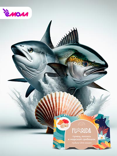 Florida лакомства пудинг для кошек с тунцом, лососем и морским гребешком, 6 x 22 г