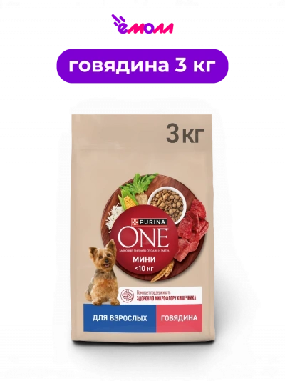 Purina ONE сухой полнорационный корм для взрослых собак мелких и карликовых пород с говядиной и рисом МИНИ 3 кг