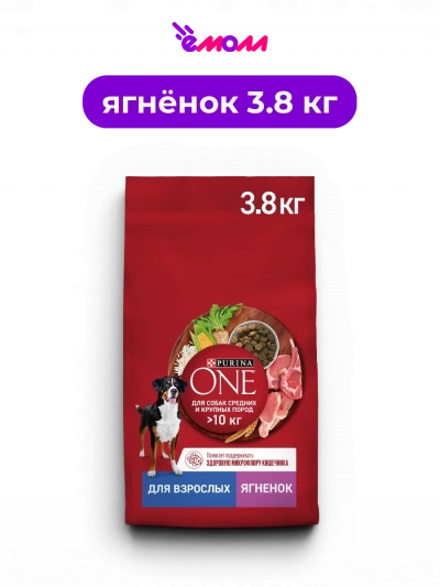 PURINA ONE сухой корм для взрослых собак средних и крупных пород весом более 10 кг с ягненком и рисом 3.8 кг