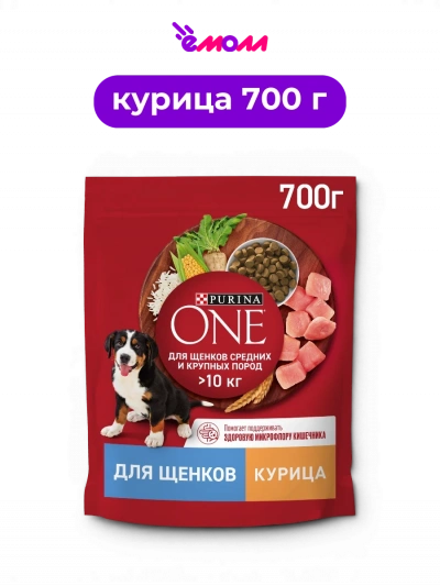 Purina ONE сухой полнорационный корм для щенков средних и крупных пород более 10 кг курица и рис с омега-3 и 6 700 г