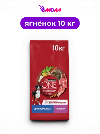 Purina ONE сухой полнорационный корм для взрослых собак средних и крупных пород с высоким содержанием ягненка и рисом 10 кг